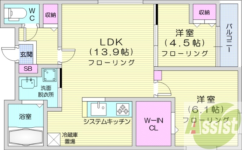 2LDK、都市ガス、ネット無料、エアコン、バストイレ別