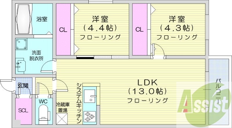 2LDK、エアコン、都市ガス、システムキッチン
