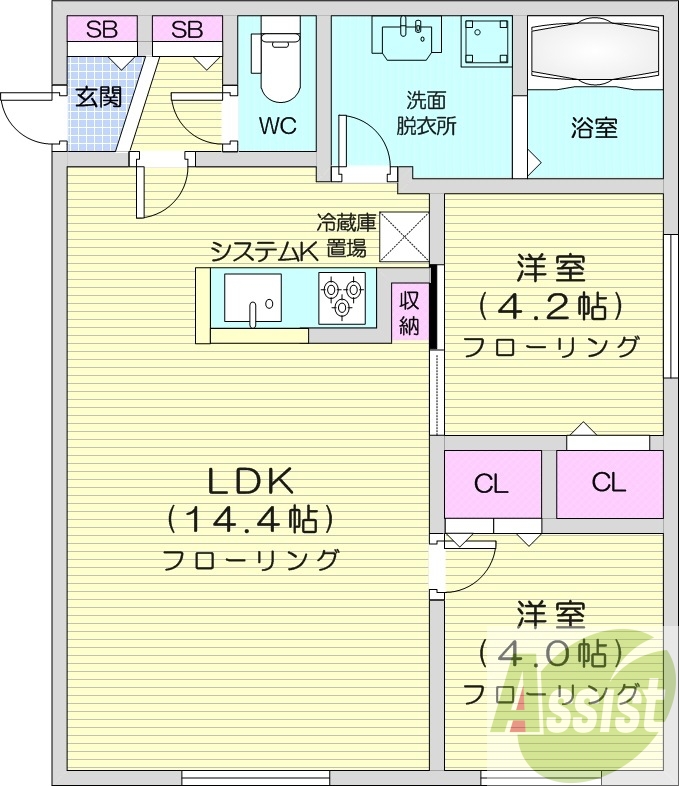 2LDK、エアコン、都市ガス、システムキッチン