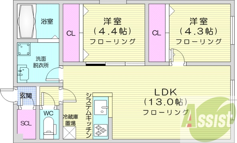 2LDK、エアコン、都市ガス、システムキッチン