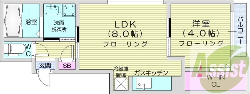 1LDK、エアコン、ガスキッチン、ネット無料