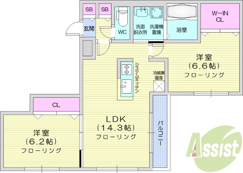2LDK、エアコン、浴室乾燥機、追い焚き、システムキッチン