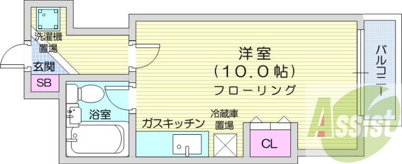 1R、エレベーター、バルコニー、灯油暖房、室内洗濯機置場
