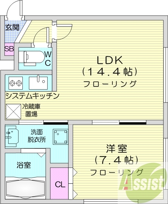 1LDK、システムキッチン、独立洗面台、電気暖房