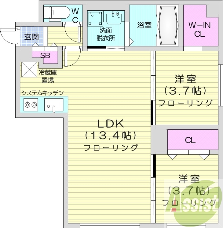 2LDK、エアコン、都市ガス、システムキッチン