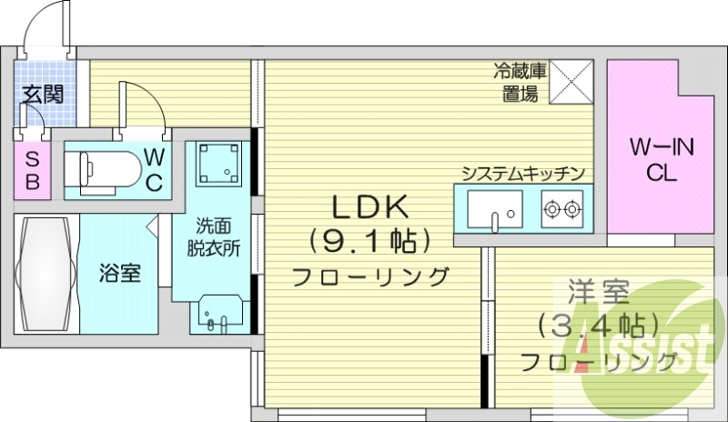1LDK、エアコン、都市ガス、システムキッチン