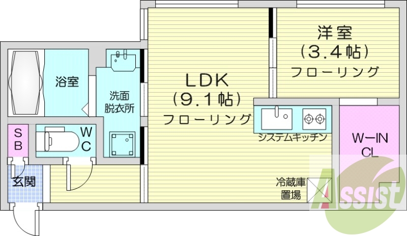 1LDK、エアコン、都市ガス、システムキッチン