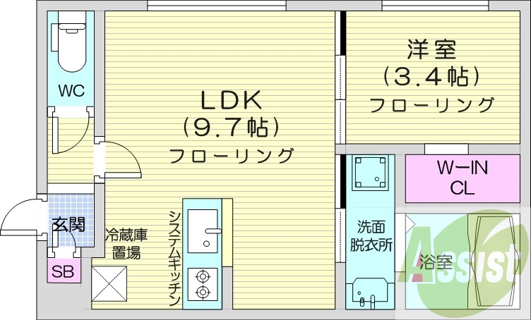 1LDK、エアコン、都市ガス、システムキッチン