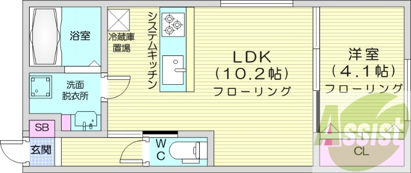 1LDK、エアコン、都市ガス、浴室乾燥機
