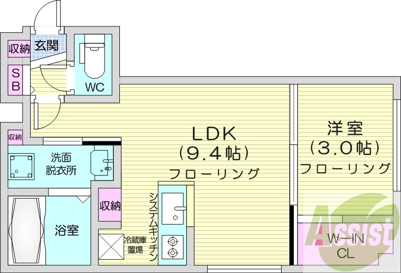 1LDK、エアコン、灯油暖房、システムキッチン