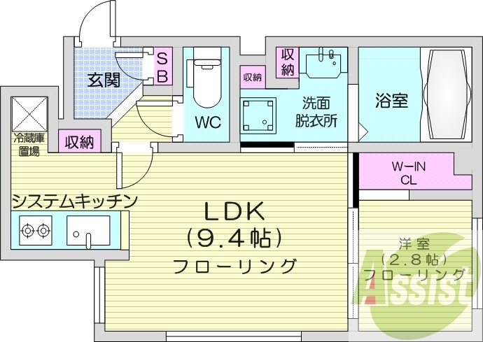 1LDK、エアコン、灯油暖房、システムキッチン