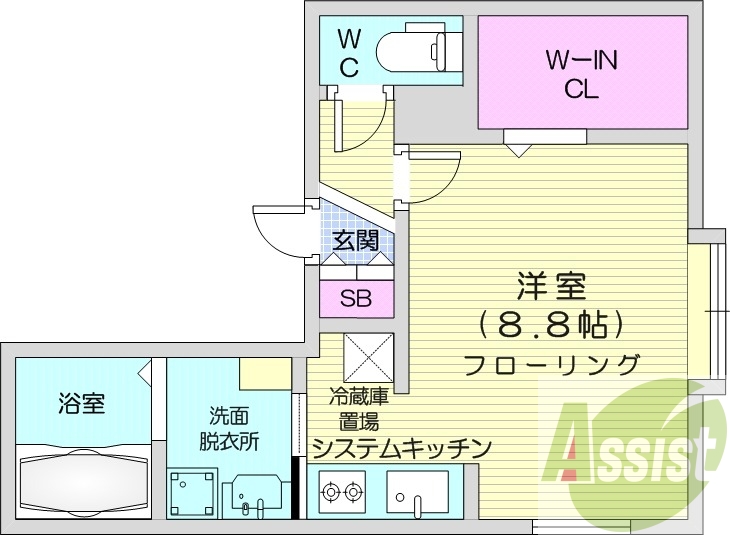 1R、都市ガス、エアコン、独立洗面台、システムキッチン