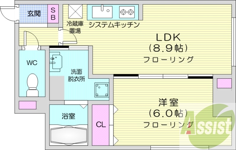1LDK、灯油暖房、システムキッチン、オートロック