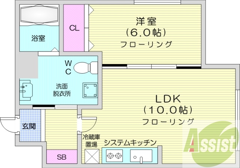 1LDK、灯油暖房、システムキッチン、オートロック