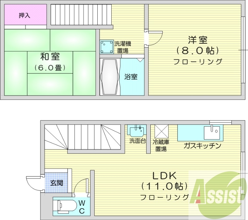 2LDK、エアコン、独立洗面台、ガスキッチン