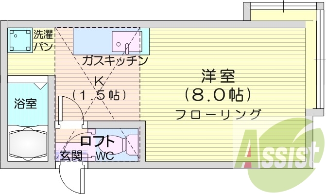 ワンルーム、都市ガス、ロフト、風呂トイレ別