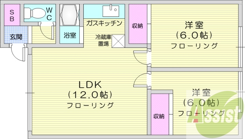 2LDK、バス・トイレ別、最上階、室内洗濯機置場