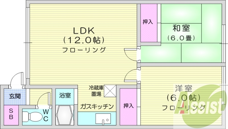2LDK、バス・トイレ別、最上階、室内洗濯機置場