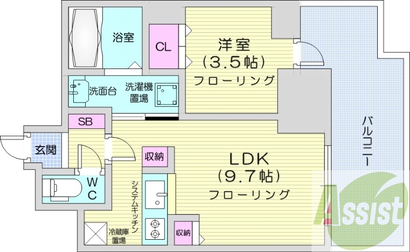 1LDK、都市ガス、分譲マンション、システムキッチン