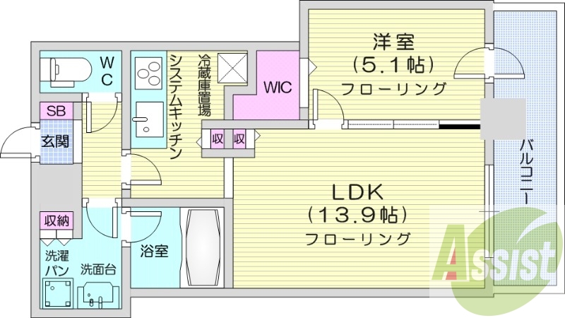 1LDK、システムキッチン、シャワートイレ、追い焚き