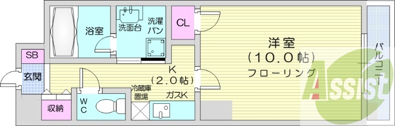 １K、都市ガス、インターネット無料、オートロック