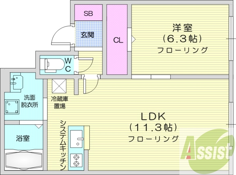 1LDK、エアコン、オートロック、システムキッチン