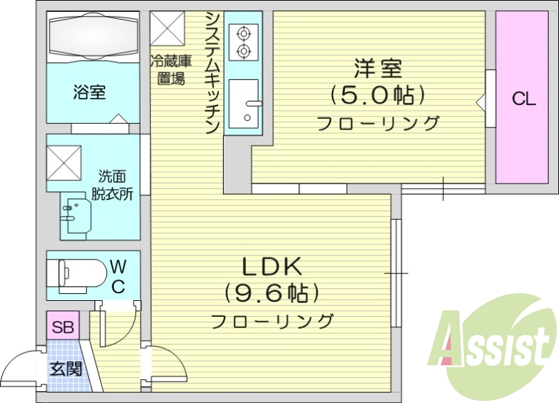 1LDK、エアコン、オートロック、システムキッチン