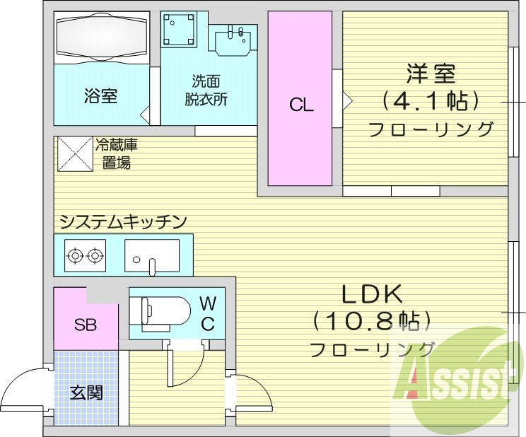 1LDK、エアコン、オートロック、システムキッチン
