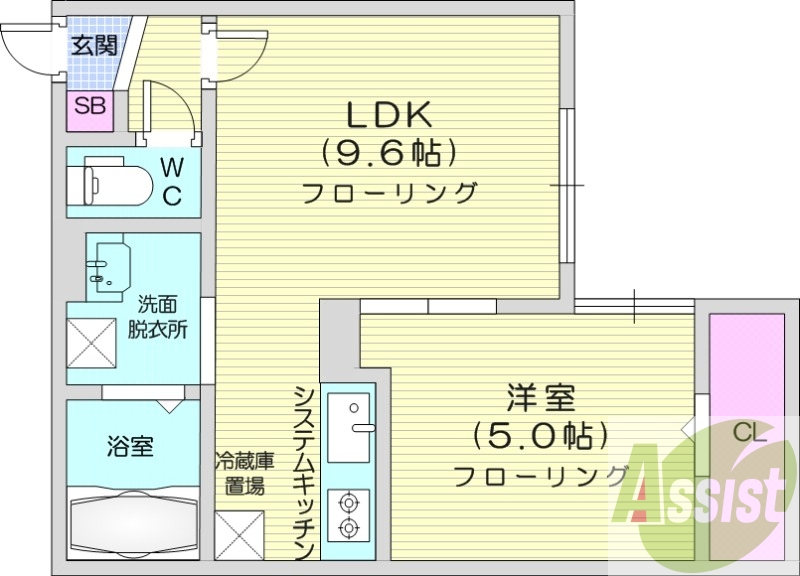 1LDK、エアコン、オートロック、システムキッチン