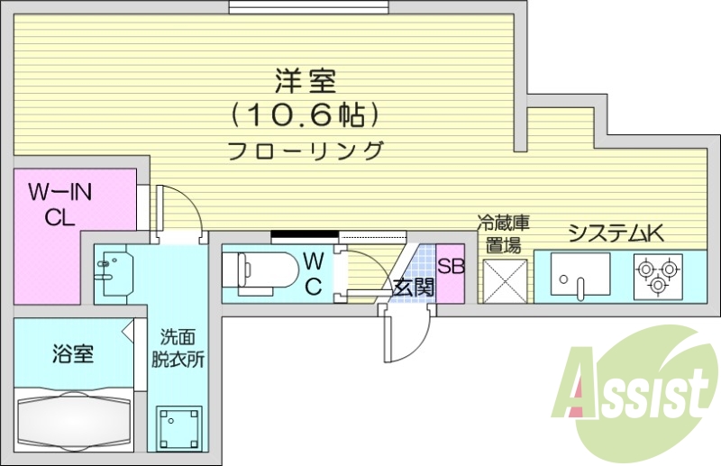 1K、エアコン、都市ガス、浴室乾燥機
