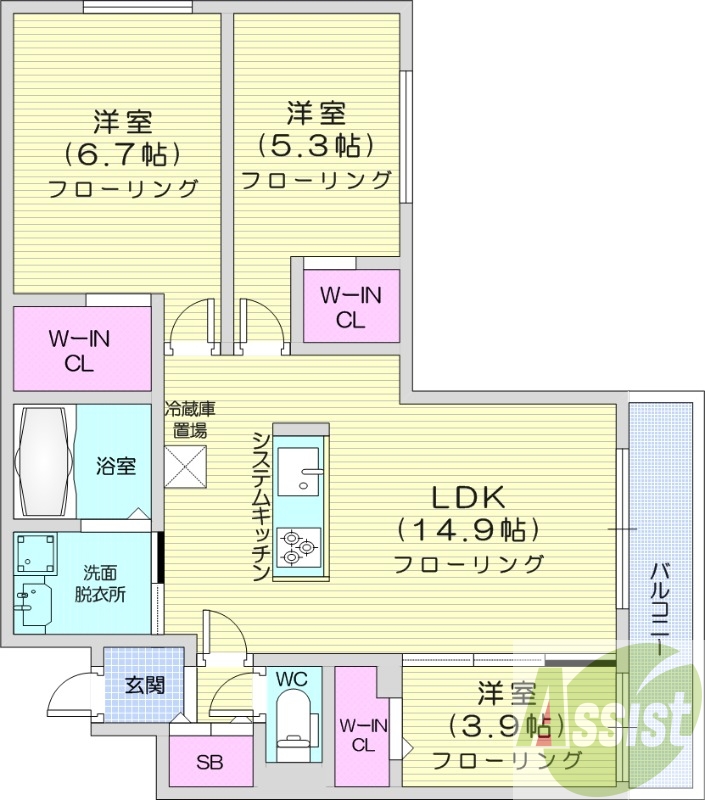 3LDK、エアコン、Ｅフラット、浴室乾燥機