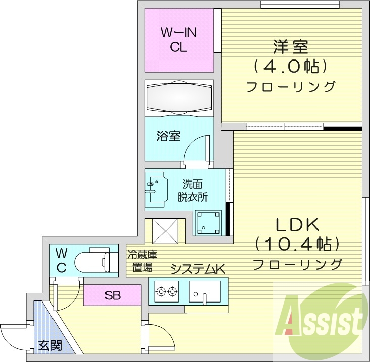 1LDK、エアコン、都市ガス、システムキッチン