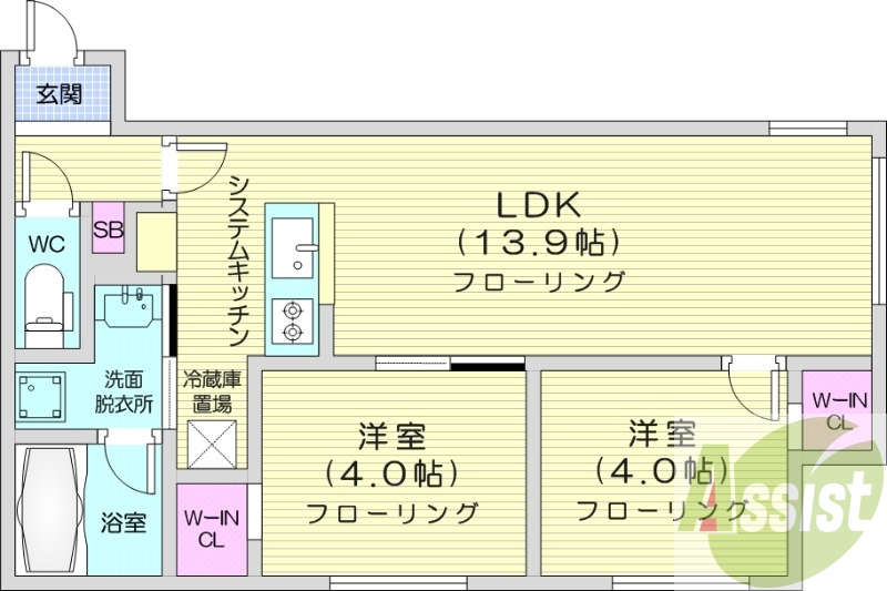 2LDK、エアコン、都市ガス、システムキッチン