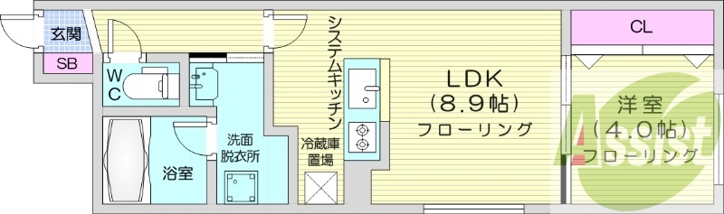 1LDK、エアコン、都市ガス、システムキッチン