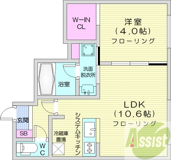 1LDK、エアコン、都市ガス、システムキッチン