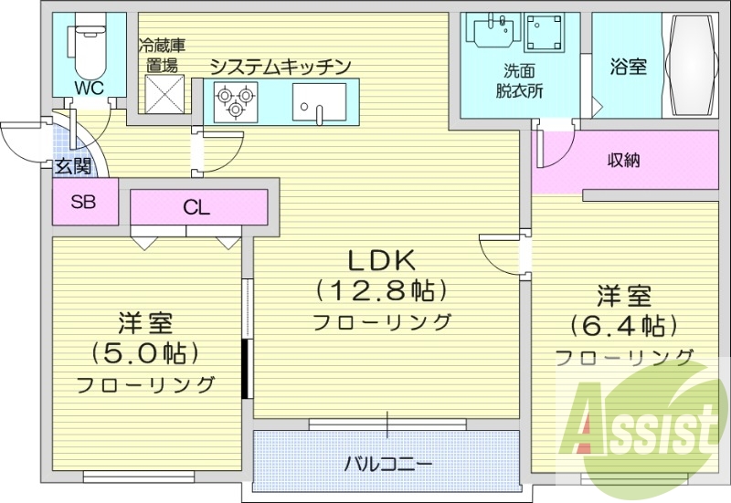 2LDK、都市ガス、エアコン、追い焚き、システムキッチン