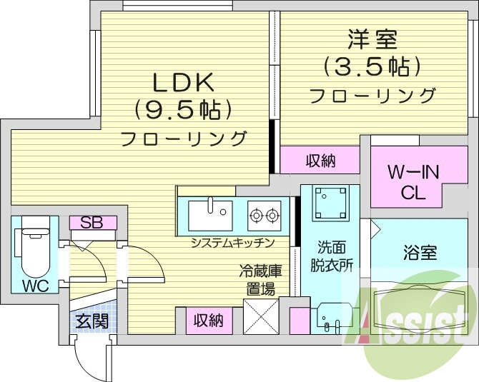 1LDK、エアコン、灯油暖房、システムキッチン