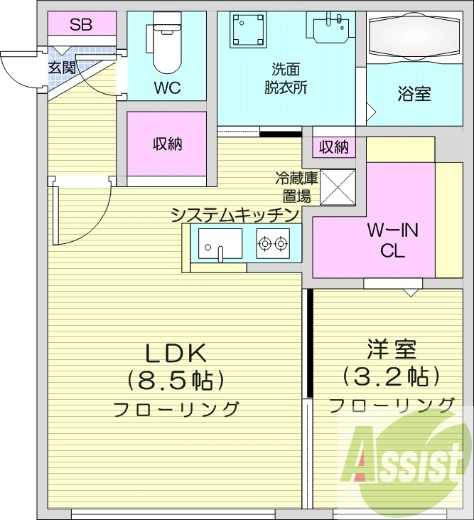 1LDK、エアコン、灯油暖房、システムキッチン