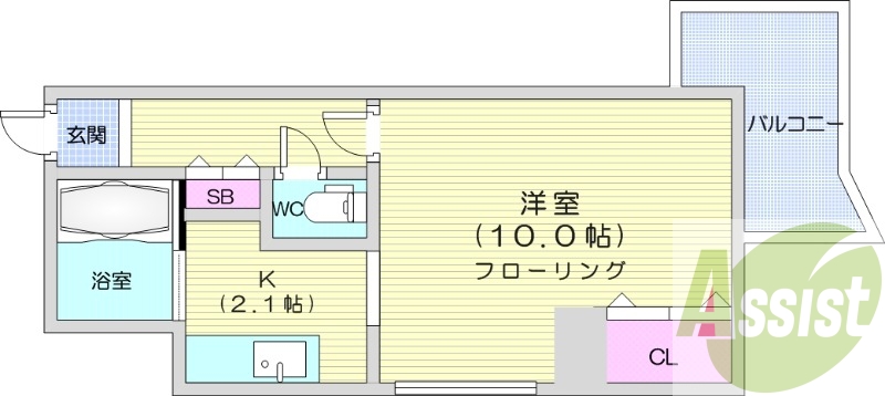 1K、都市ガス、ガス暖房、オートロック、バルコニー