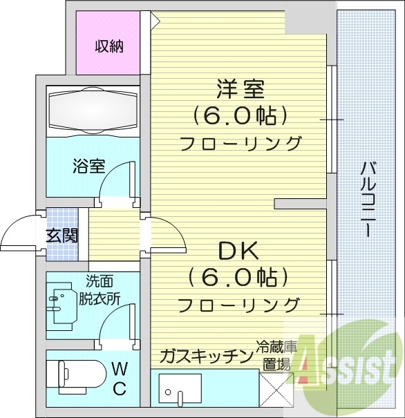 1DK、バストイレ別、ネット無料、バルコニー