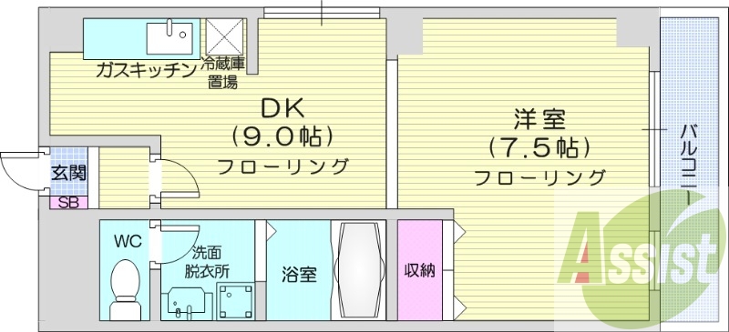 1LDK、バストイレ別、ネット無料、バルコニー