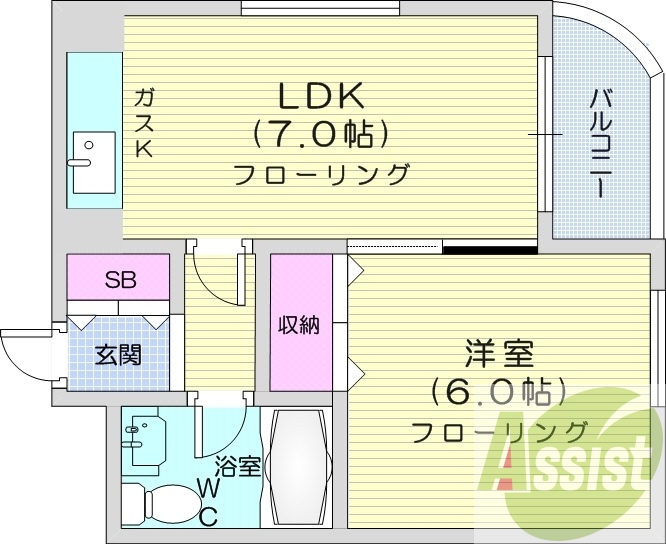 1DK、バルコニー、エレベーター、クローゼット