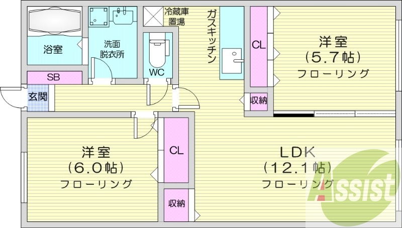2LDK、オートロック、バストイレ別、灯油暖房