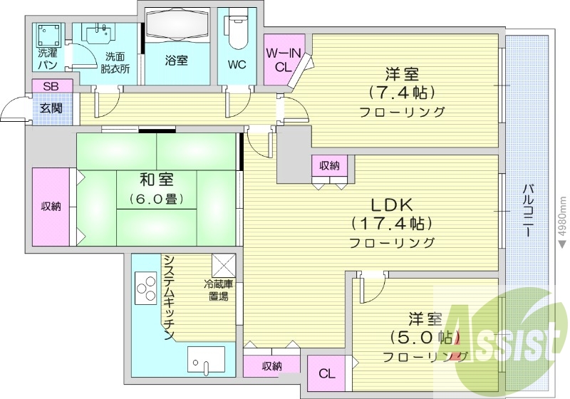 3LDK、エアコン、独立洗面台、システムキッチン