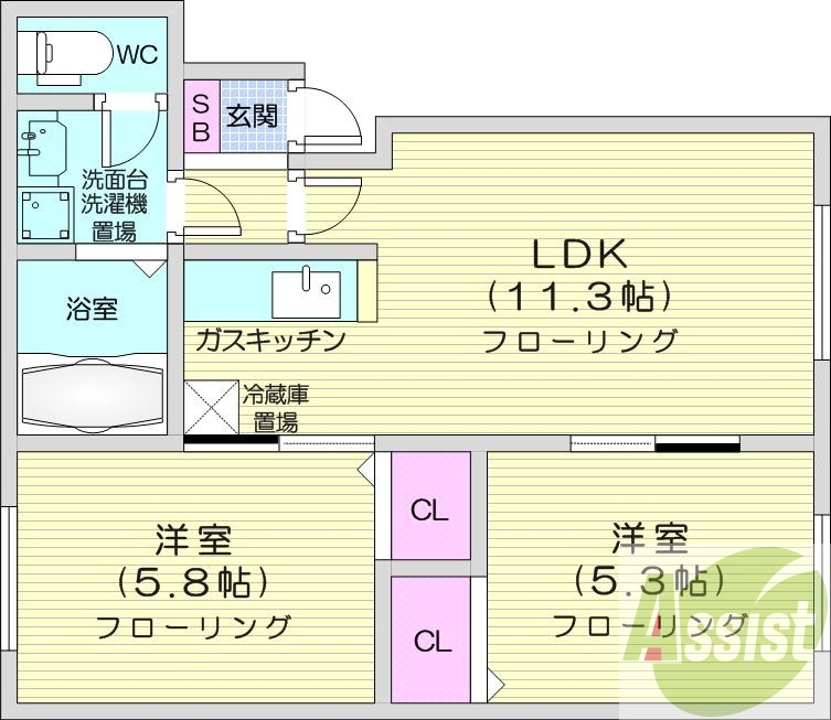 2LDK、南向き、灯油FF暖房、シャンプードレッサー