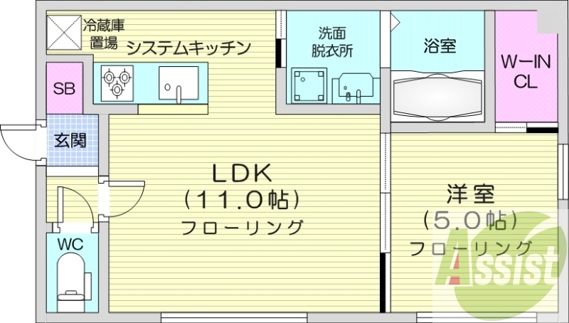 1LDK、暖房、ペット相談可、システムキッチン