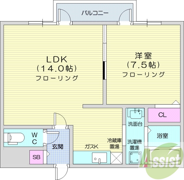 1LDK、都市ガス、バルコニー、ガス暖房