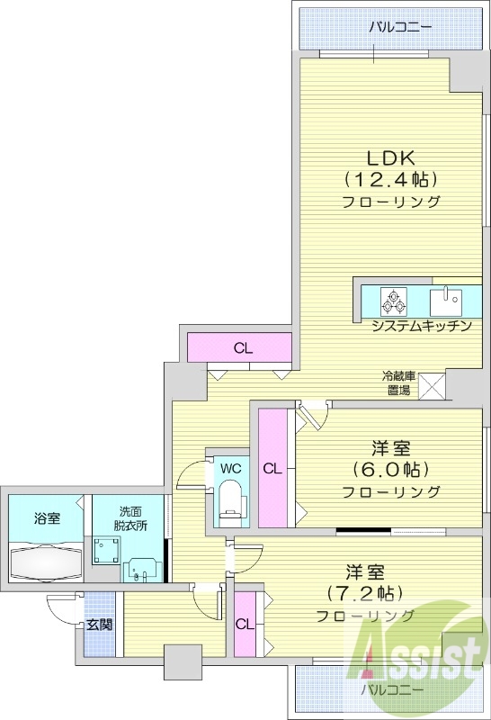 2LDK、エアコン、システムキッチン、独立洗面台