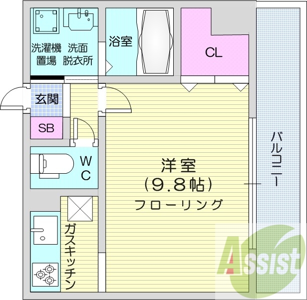1K、洗面脱衣所、クローゼット、ガスコンロ3口