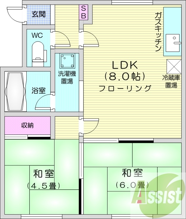 2LDK、バス・トイレ別、トランクルーム、エアコン